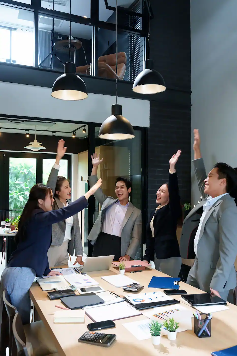 Asian Business Team Success Celebration in Modern Office Corporate Achievement