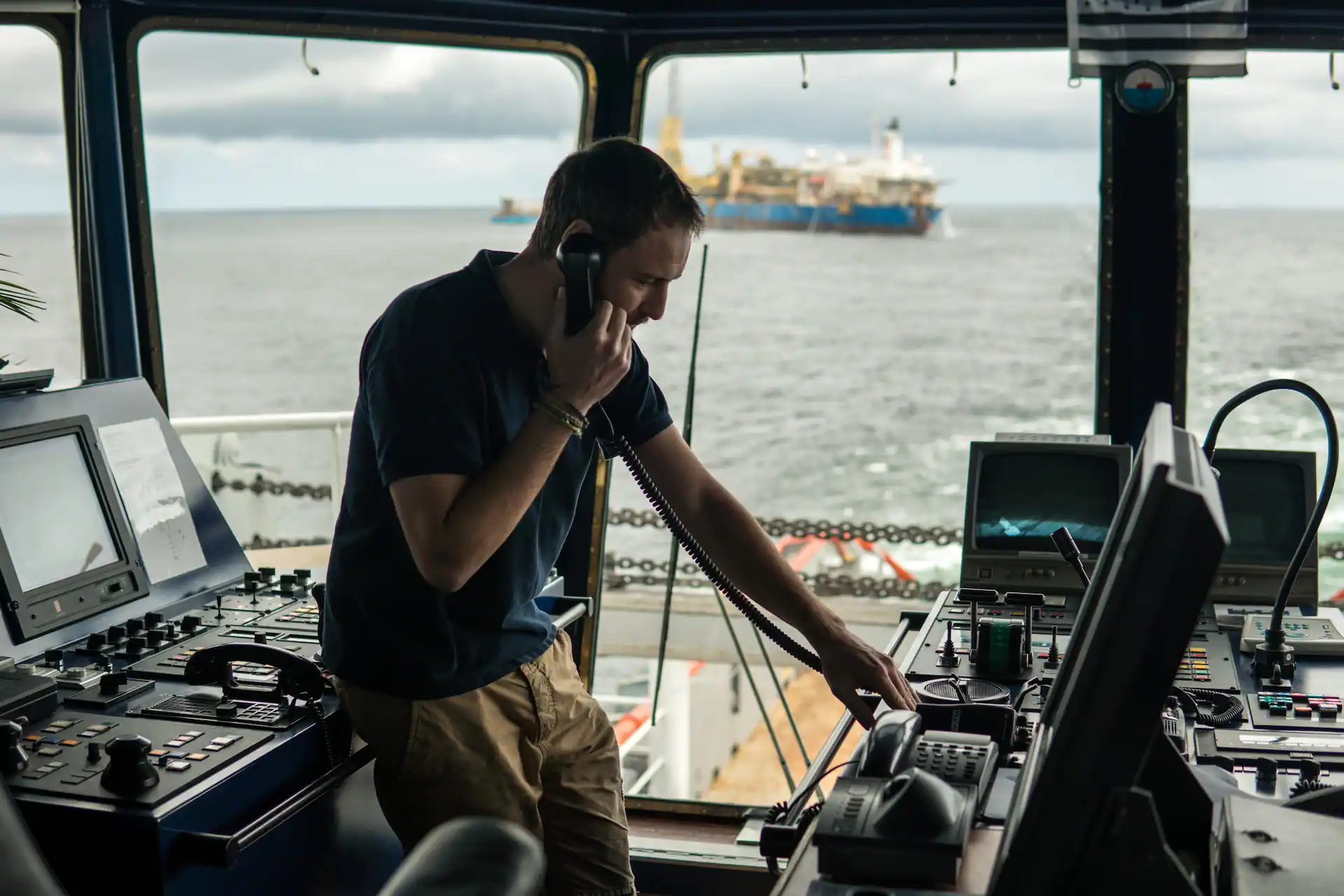 Deck navigation officer on the navigation bridge